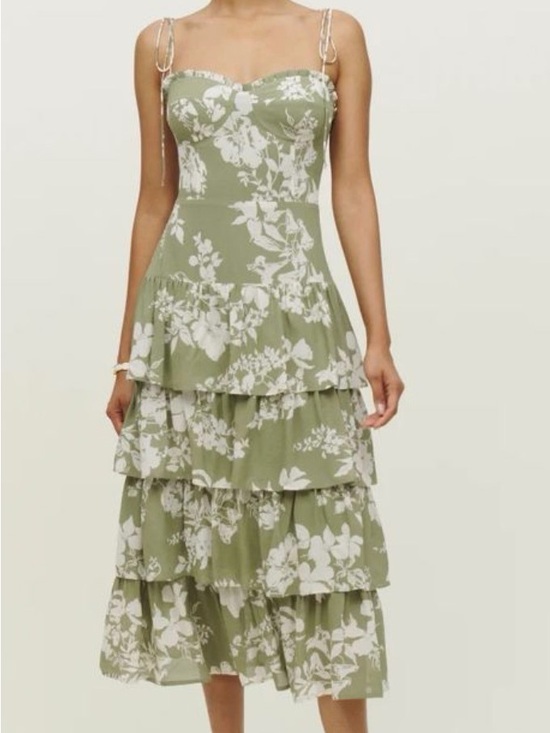 Reformation Dresses & Skirts - Reformation Olive Green and White Floral Tiered Midi Dress